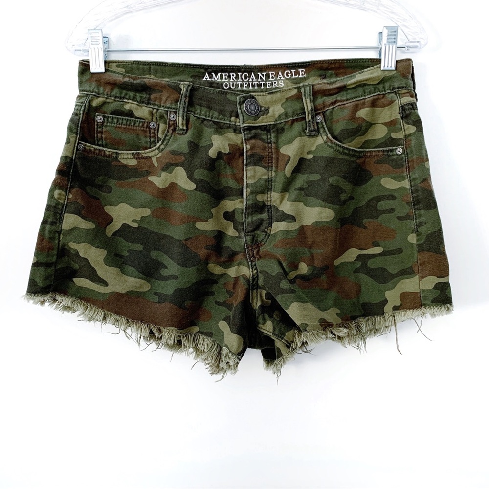 AEO Vintage Hi-Rise Camo Frayed Jean Shorts